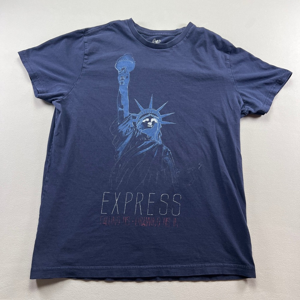 Express T Shirt Women Large Navy Blue Statue Of Liberty Calling Us Drawing Us In